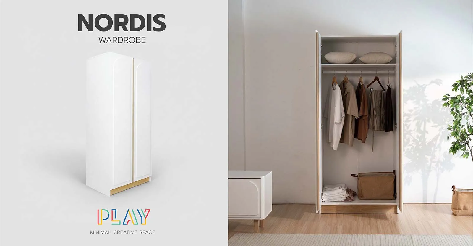 ตู้เสื้อผ้าบานเปิด 90 ซม.สีขาว-ลินเบิร์ก NORDIS