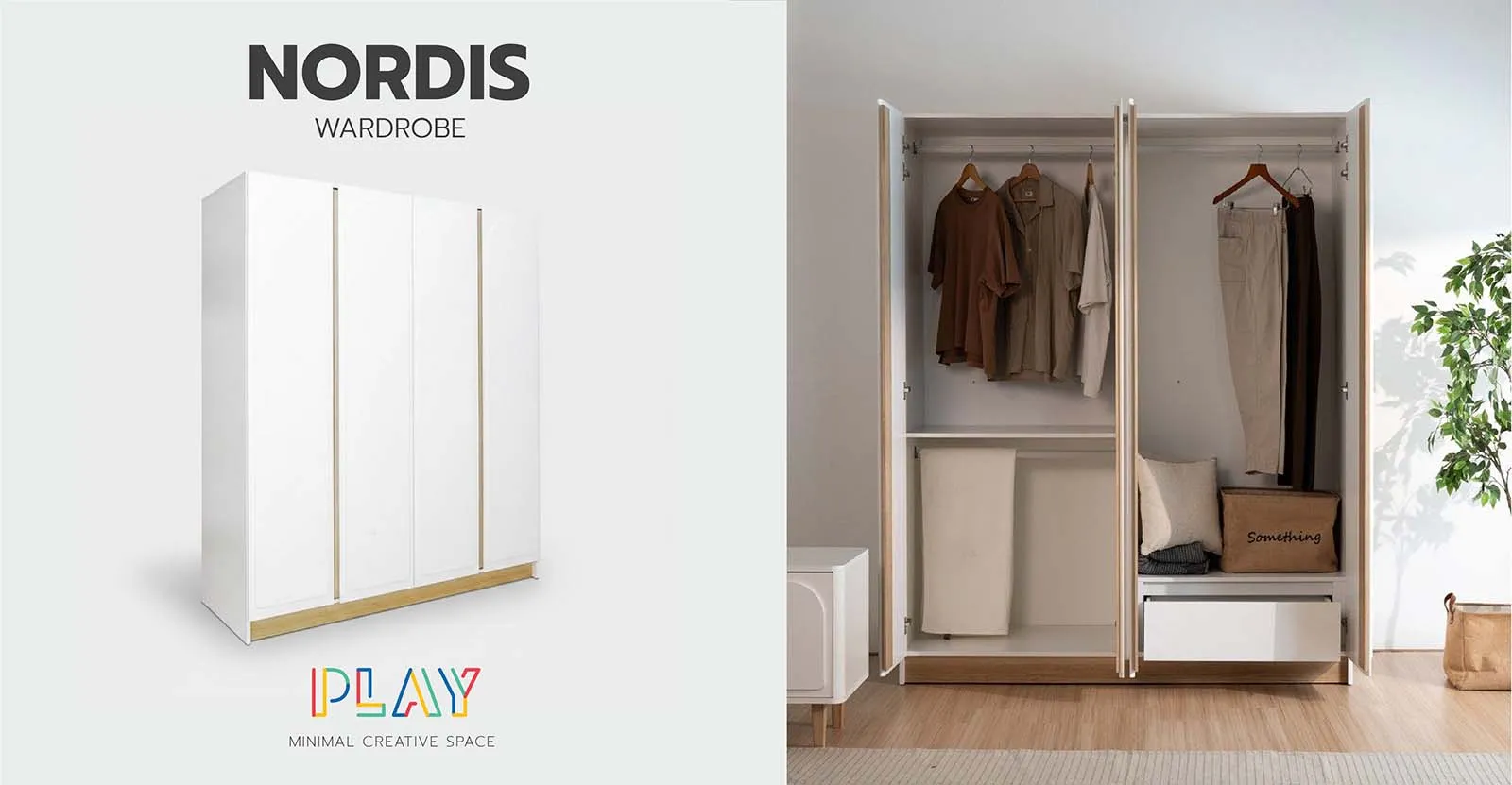 ตู้เสื้อผ้าบานเปิด 160 ซม.สีขาว-ลินเบิร์ก NORDIS